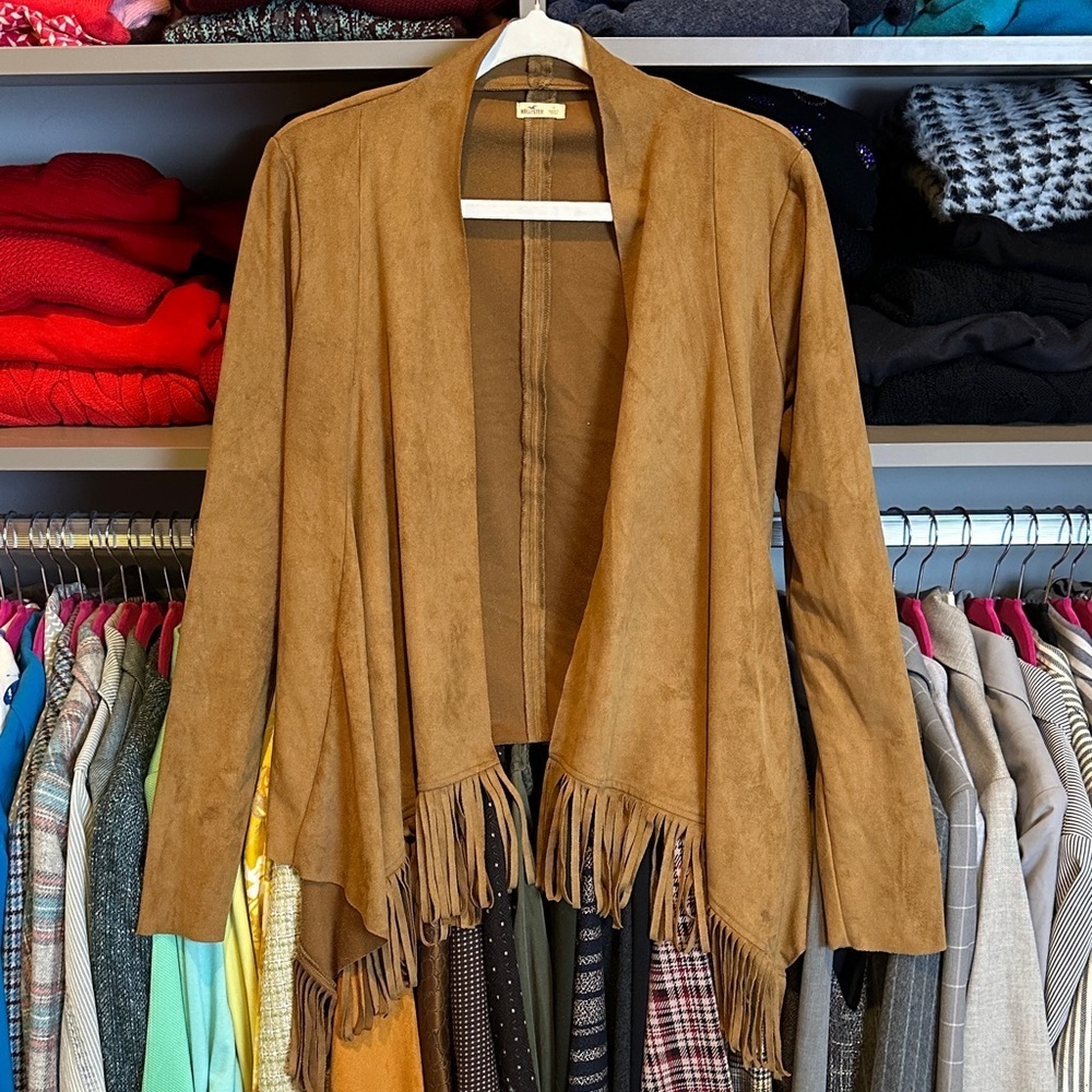 Hollister brown long sleeve open front fringed faux suede jacket size S